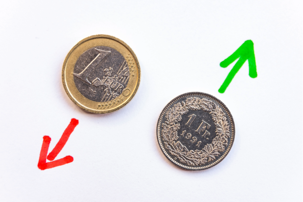 Pièce d'euro et franc suisse illustrant les risques liés aux fluctuations des taux de change pour les travailleurs frontaliers.