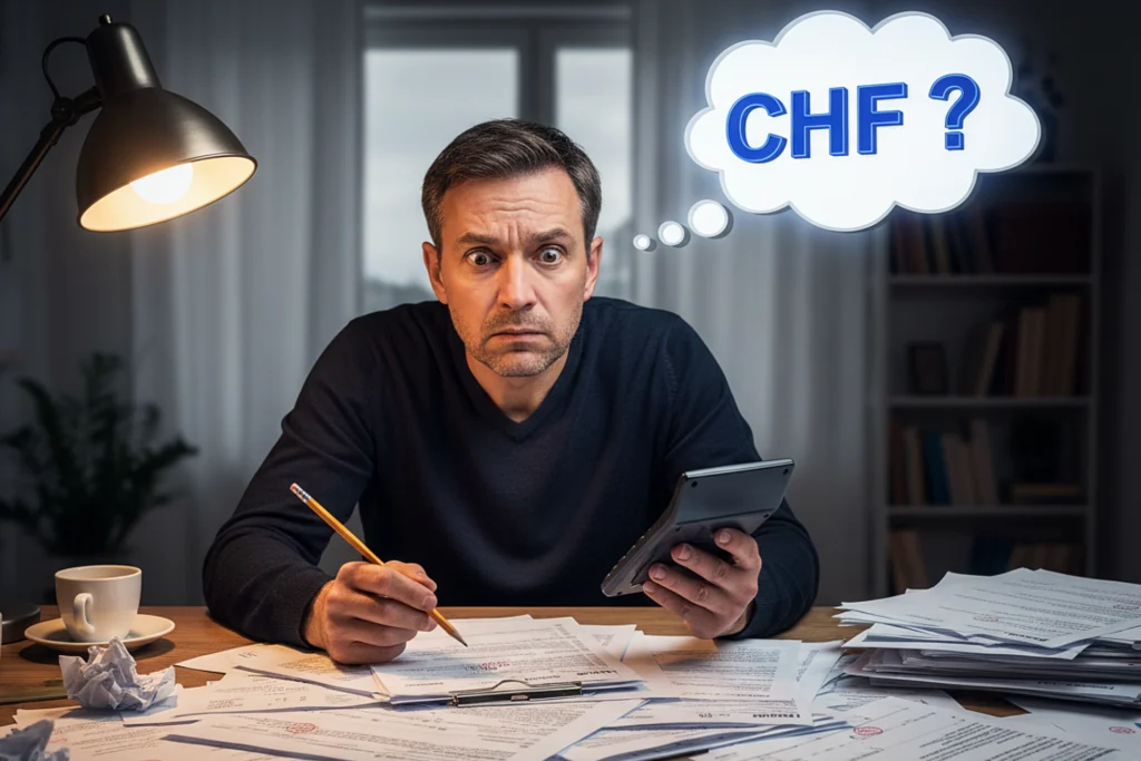 Homme préoccupé calculant son impôt à la source à Genève avec une calculatrice et des documents fiscaux