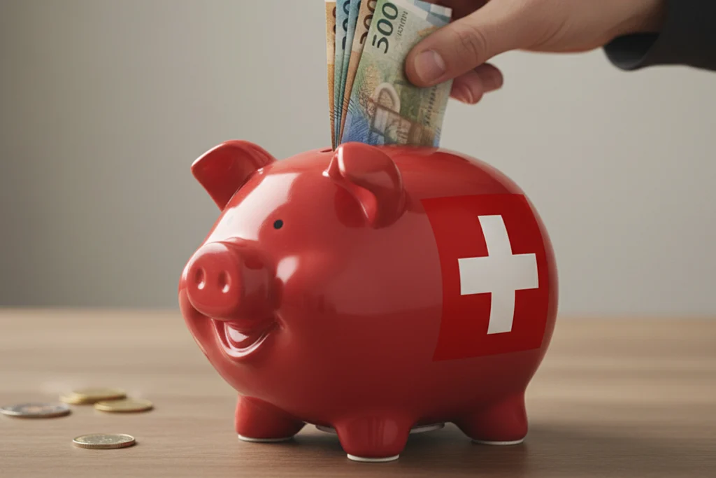 Tirelire rouge ornée de la croix suisse où une main insère des billets, illustrant les déductions d’impôts en Suisse
