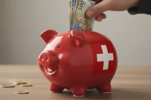 Tirelire rouge ornée de la croix suisse où une main insère des billets, illustrant les déductions d’impôts en Suisse