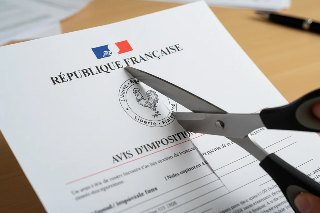Ciseaux coupant un avis d’imposition de la République française, illustration des déductions fiscales