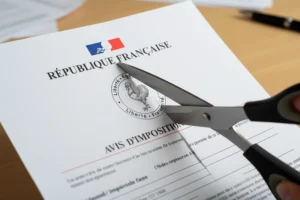Ciseaux coupant un avis d’imposition de la République française, illustration des déductions fiscales