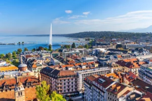 Vue aérienne de Genève avec le Jet d’eau, illustration du délai déclaration impôt Genève