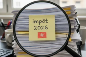 Loupes sur une pile de documents fiscaux suisses avec note "impôt 2026"