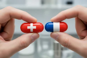 Illustration symbolisant le choix entre la CMU française et la LAMal suisse pour les frontaliers en 2026, avec des éléments visuels évoquant les drapeaux suisse et français